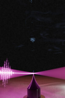 Künstlerische Darstellung des Experiments: Intensives gequetschtes Vakuum-Licht (lila) wird auf eine metallische Nadelspitze fokussiert. Dadurch werden Elektronen (blau) aus dem Metall ausgelöst. Grafik: Stefan Meier