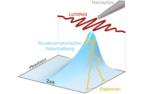 Mechanismus der ponderomotorischen Beschleunigung im Nahfeld: Ein aus nur wenigen Schwingungen bestehendes Lichtfeld setzt an den Maxima des Feldes Elektronen frei. Durch das lokalisierte Nahfeld an einer scharfen Nanospitze entsteht ein steiler ponderomotorischer Potentialberg, den die Elektronen hinabrutschen. Da früher freigesetzte Elektronen hierbei länger beschleunigt werden, können Elektronen aus den einzelnen Zyklen durch eine Geschwindigkeitsmessung voneinander separiert werden. (Bild: LS für Laserphysik/AG Starkfeld-Nanophysik)